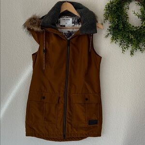 Volcom Women's Tan Hooded Vest with Faux Fur Trim